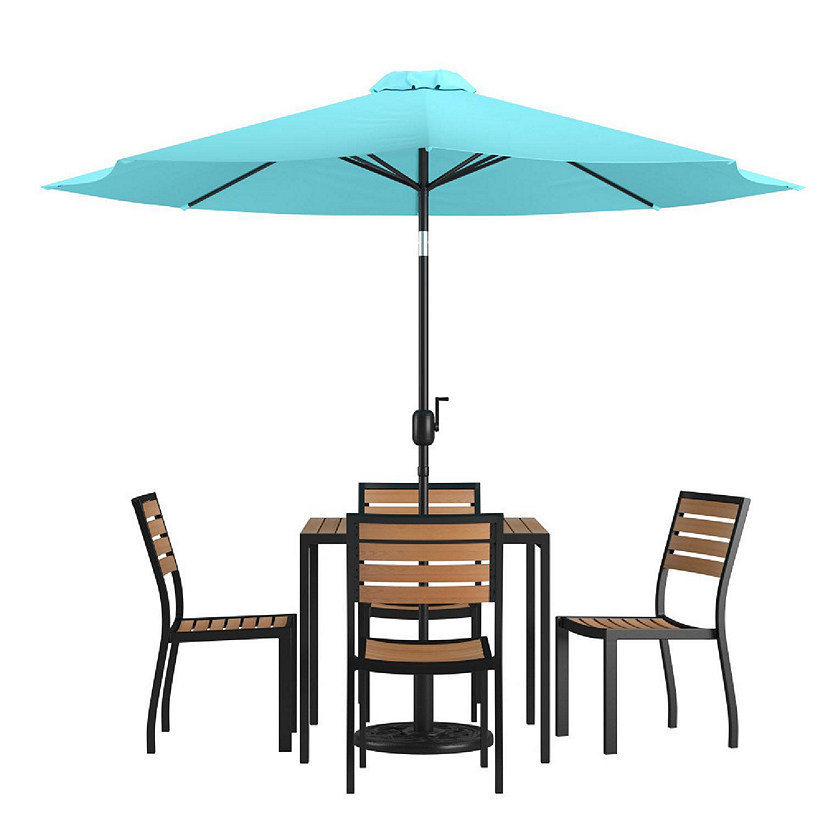 Emma + Oliver 5 Piece Patio Table Set - 4 Synthetic Faux Teak Chairs - 35" Square Faux Teak Table - Teal Umbrella with Base Image