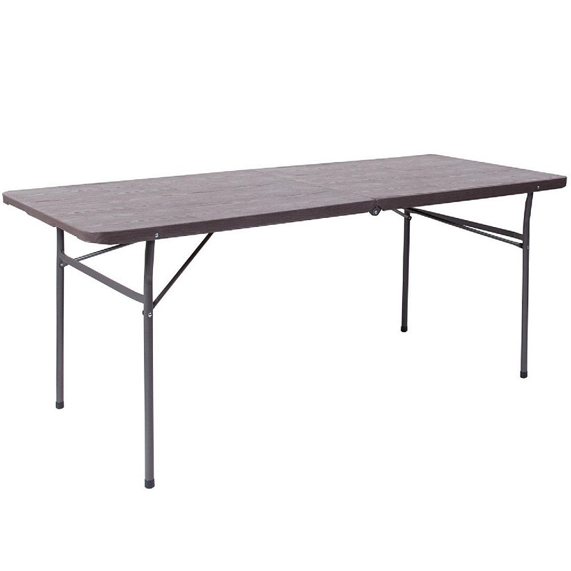 Emma + Oliver 6-Foot Bi-Fold Brown Wood Grain Plastic Folding Table with Carrying Handle Image