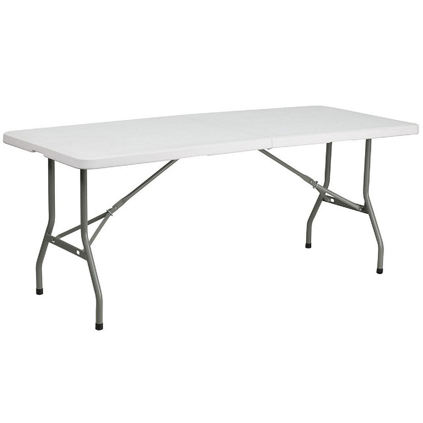 Emma + Oliver 6-Foot Bi-Fold Granite White Plastic Folding Table with Carrying Handle Image
