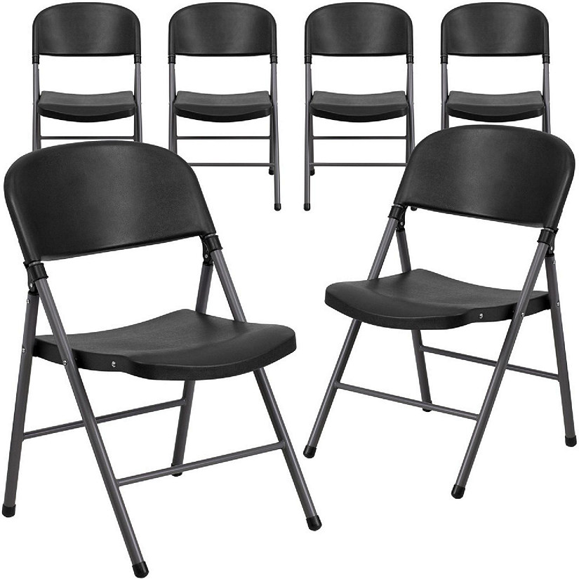 Emma + Oliver 6 Pack 330 lb. Capacity Black Plastic Folding Chair - Charcoal Frame - Event Chair Image