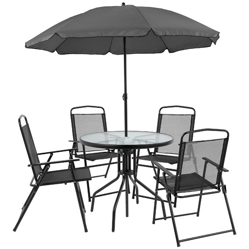 Emma + Oliver 6 Piece Black Patio Garden Set with Umbrella Table and Set of 4 Folding Chairs Image