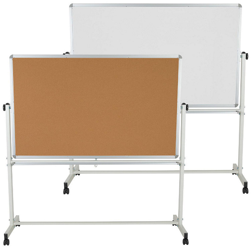 Emma + Oliver 64.25"W x 64.75"H Reversible Mobile Cork Bulletin Board and White Board with Pen Tray Image