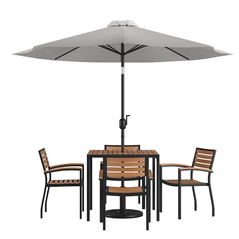 Emma + Oliver 7 Piece Outdoor Patio Dining Table Set with 4 Synthetic Teak Stackable Chairs, 36" Square Table, Gray Umbrella & Base Image