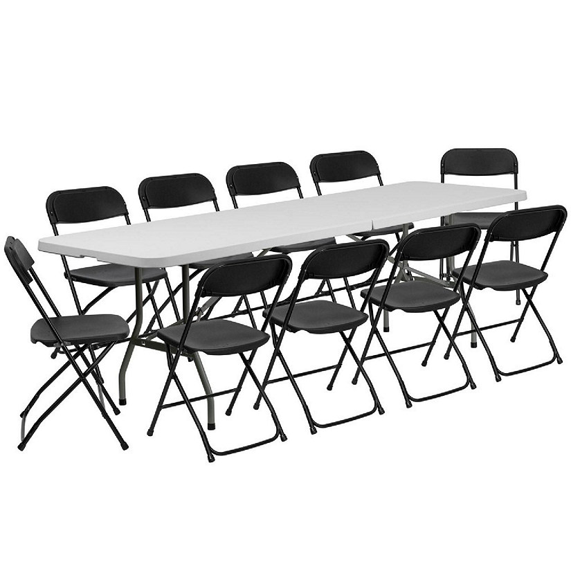 Emma + Oliver 8' Bi-Fold White Plastic Event/Training Folding Table Set w/ 10 Folding Chairs Image