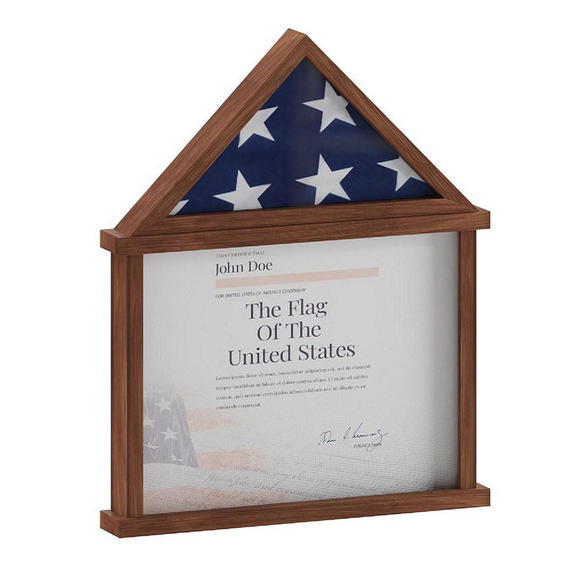 Emma + Oliver Arthur Solid Wood Flag Case with Certificate Holder - Freestanding or Wall Mount Shadowbox Display - Fits 3'x5' Flag - Dark Brown Image