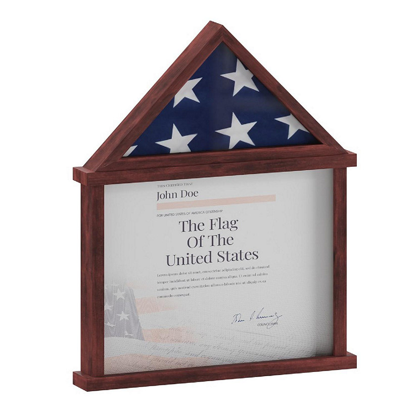 Emma + Oliver Arthur Solid Wood Flag Case with Certificate Holder - Freestanding or Wall Mount Shadowbox Display - Fits 3'x5' Flag - Mahogany Image