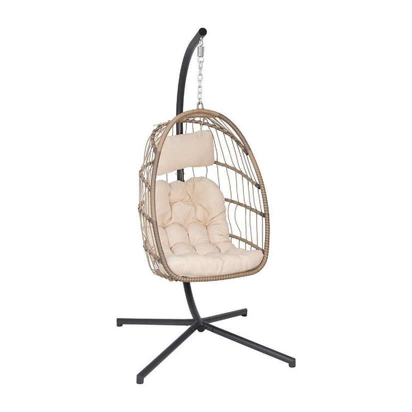 Emma + Oliver Awen Hanging Egg Chair with Stand - Woven Polyethylene Rattan in Natural Finish - Black Steel Frame - Removable Cream Cushions - Foldable Design Image