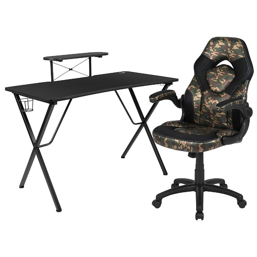 Emma + Oliver Black/Camo Gaming Desk Set with Headphone Hook, and Monitor Stand Image