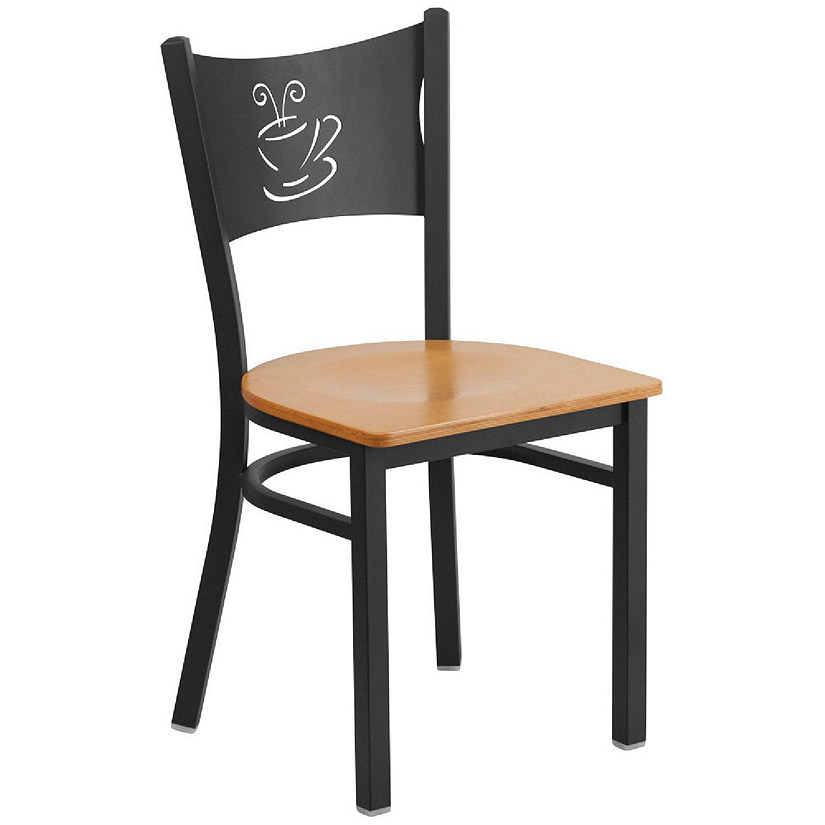 Emma + Oliver Black Coffee Back Metal Restaurant Chair - Natural Wood Seat Image