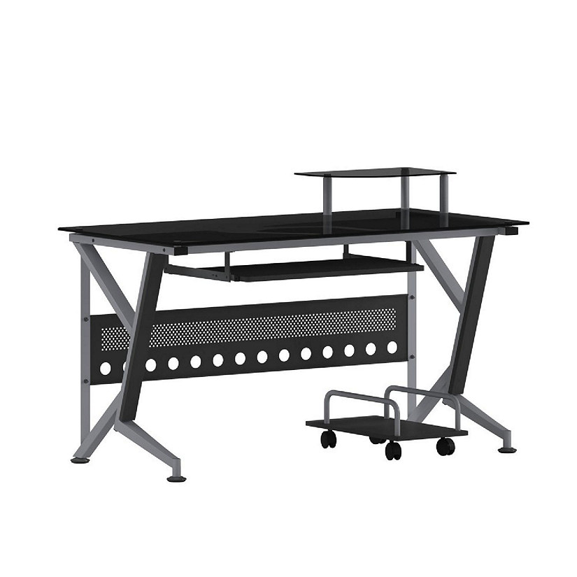 Emma + Oliver Black Glass Computer Desk with PullOut Keyboard Tray and