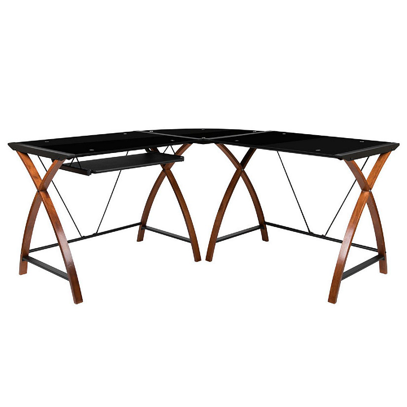 Emma + Oliver Black Glass LShape Corner Computer Desk with PullOut