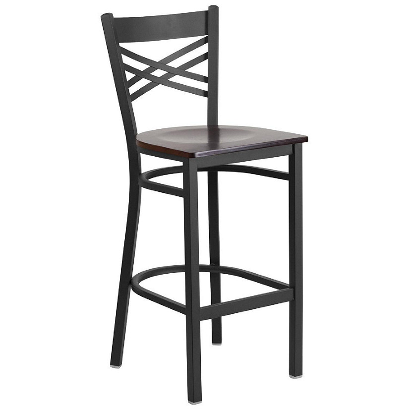 Emma + Oliver Black Metal "X" Back Barstool, Walnut Wood Seat Image