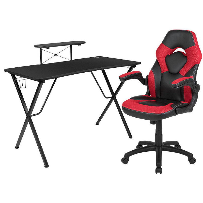 Emma + Oliver Black/Red Gaming Desk Set with Headphone Hook, and Monitor Stand Image