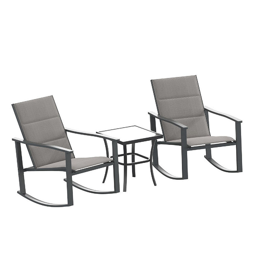 Emma + Oliver Braelin 3 Piece Outdoor Rocking Chair Patio Set with Flex Comfort Material and Metal Framed Glass Top Table, Gray/Black Image