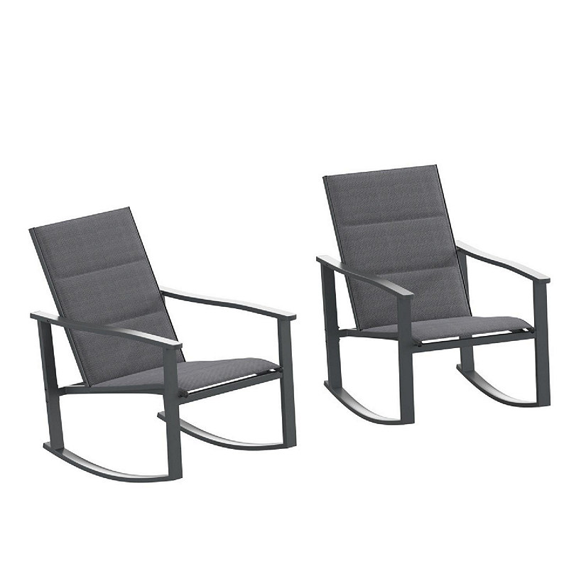 Emma + Oliver Braelin Set of 2 Black Outdoor Rocking Chairs with Flex Comfort Material and Black Metal Frame Image