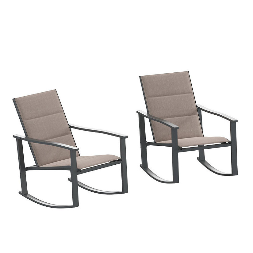 Emma + Oliver Braelin Set of 2 Brown Outdoor Rocking Chairs with Flex Comfort Material and Black Metal Frame Image