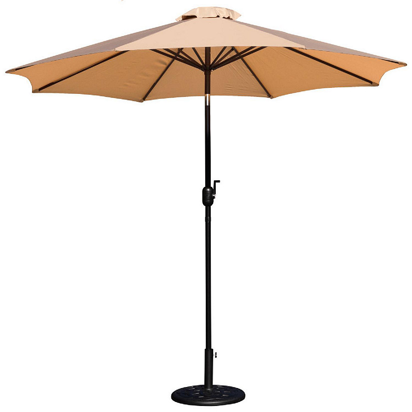 Emma + Oliver Bundled Set - Tan 9 FT Round Umbrella & Universal Black Cement Waterproof Base Image