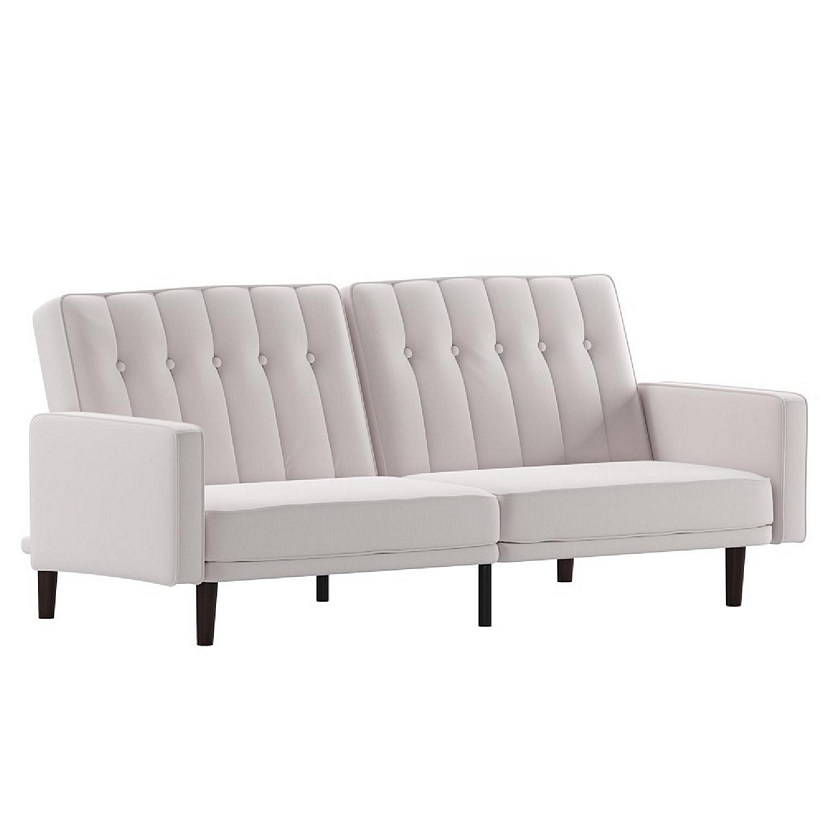 Emma + Oliver Caela Plush Padded Faux Linen Upholstered Split Back Sofa Futon with Vertical Channel Tufting and Wooden Legs in Stone Image