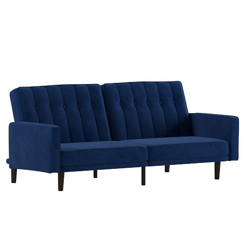 Emma + Oliver Caela Split Back Sofa Futon - Premium Velvet Upholstery in Navy - Plush Padding -Vertical Tufting - Wooden Legs - 600 lbs. Static Weight Capacity Image