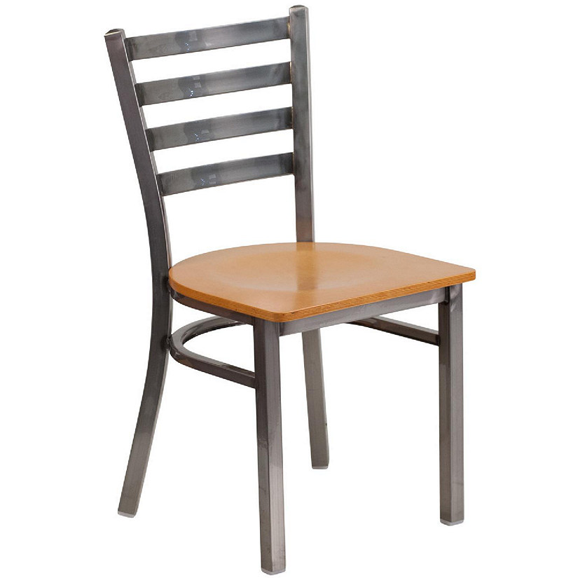 Emma + Oliver Clear Coated Ladder Back Metal Dining Chair - Natural Wood Seat Image