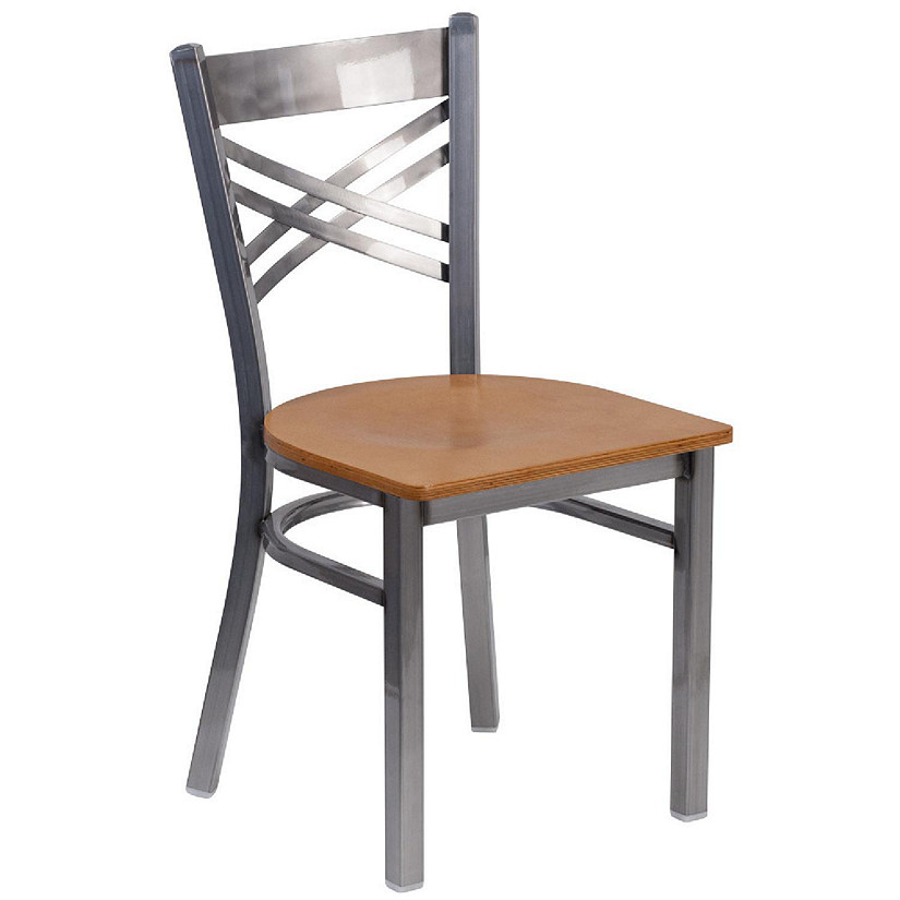 Emma + Oliver Clear Coated "X" Back Metal Restaurant Chair - Natural Wood Seat Image