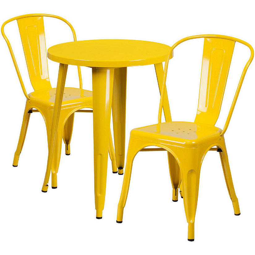 Emma + Oliver Commercial 24" Round Yellow Metal Indoor-Outdoor Table Set with 2 Cafe Chairs Image