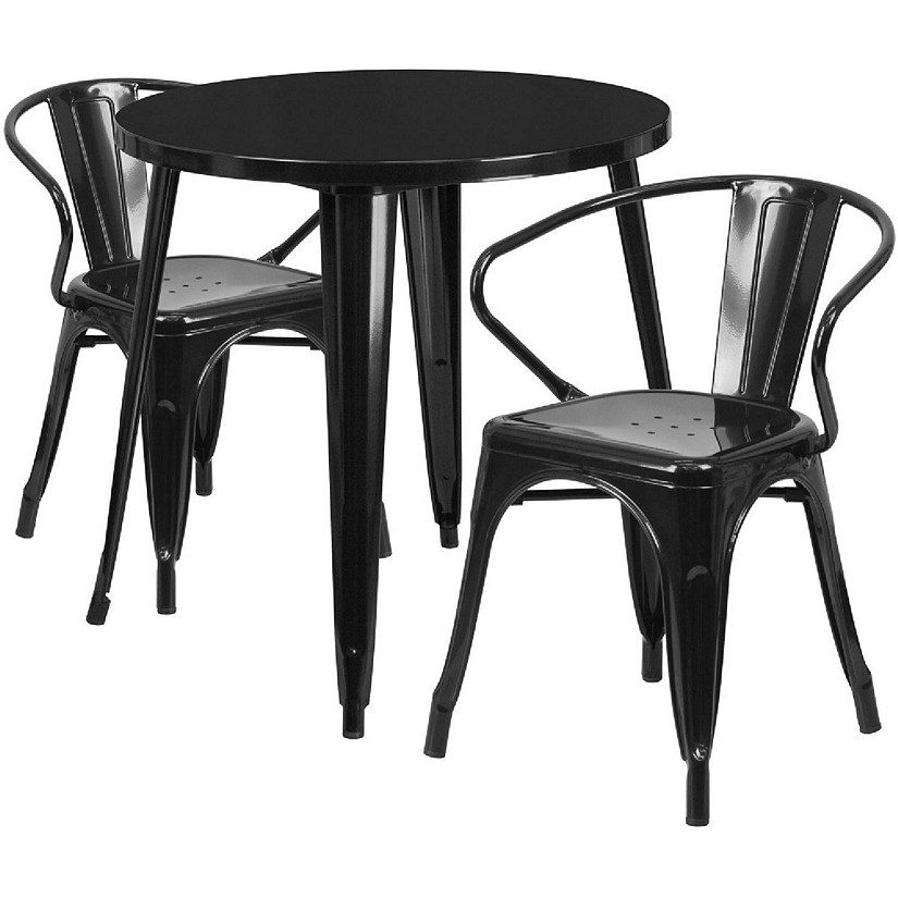 Emma + Oliver Commercial 30" Round Black Metal Indoor-Outdoor Table Set with 2 Arm Chairs Image