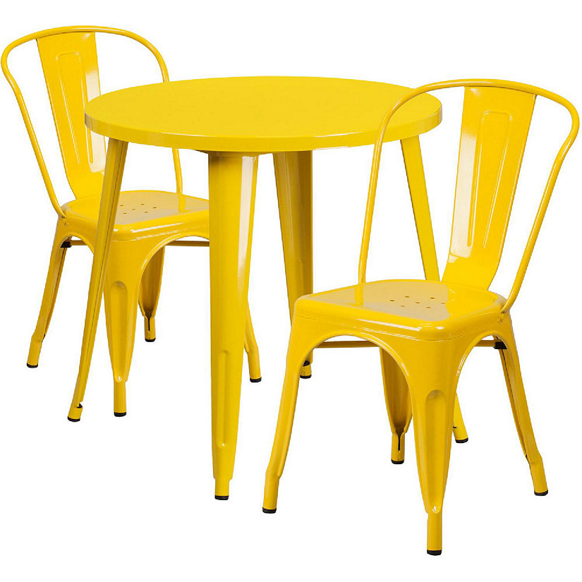 Emma + Oliver Commercial 30" Round Yellow Metal Indoor-Outdoor Table Set with 2 Cafe Chairs Image