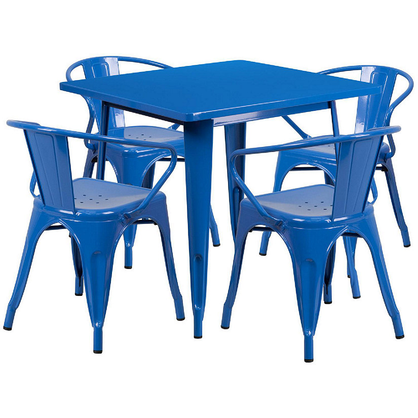Emma + Oliver Commercial 31.5" Square Blue Metal Indoor-Outdoor Table Set with 4 Arm Chairs Image