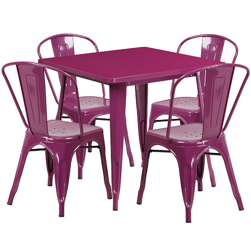 Emma + Oliver Commercial 31.5" Square Purple Metal Indoor-Outdoor Table Set-4 Stack Chairs Image