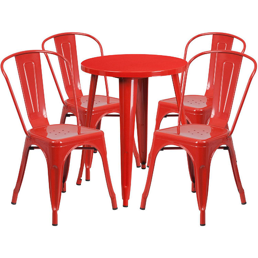 Emma + Oliver Commercial Grade 24" Round Red Metal Indoor-Outdoor Table Set with 4 Cafe Chairs Image