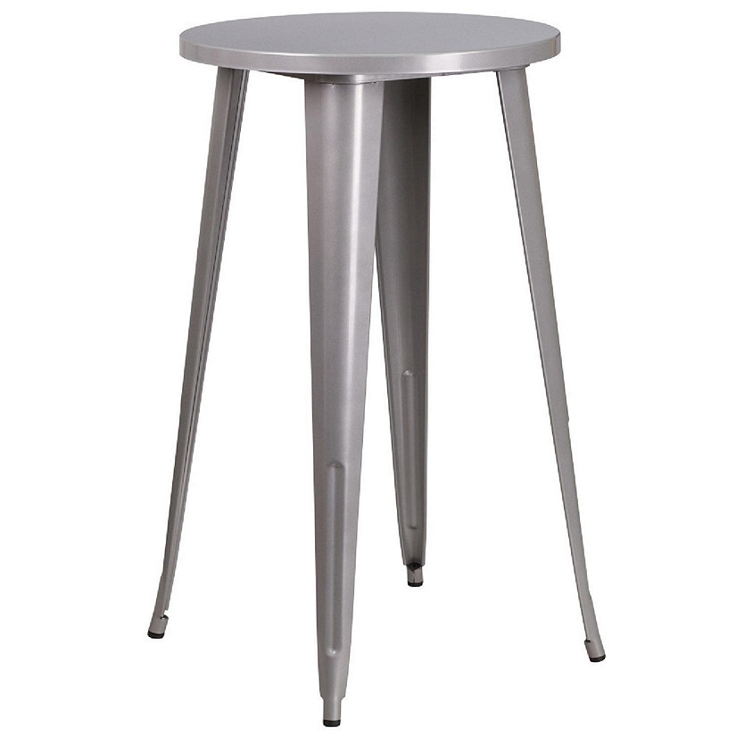 Emma + Oliver Commercial Grade 24" Round Silver Metal Indoor-Outdoor Bar Height Table Image