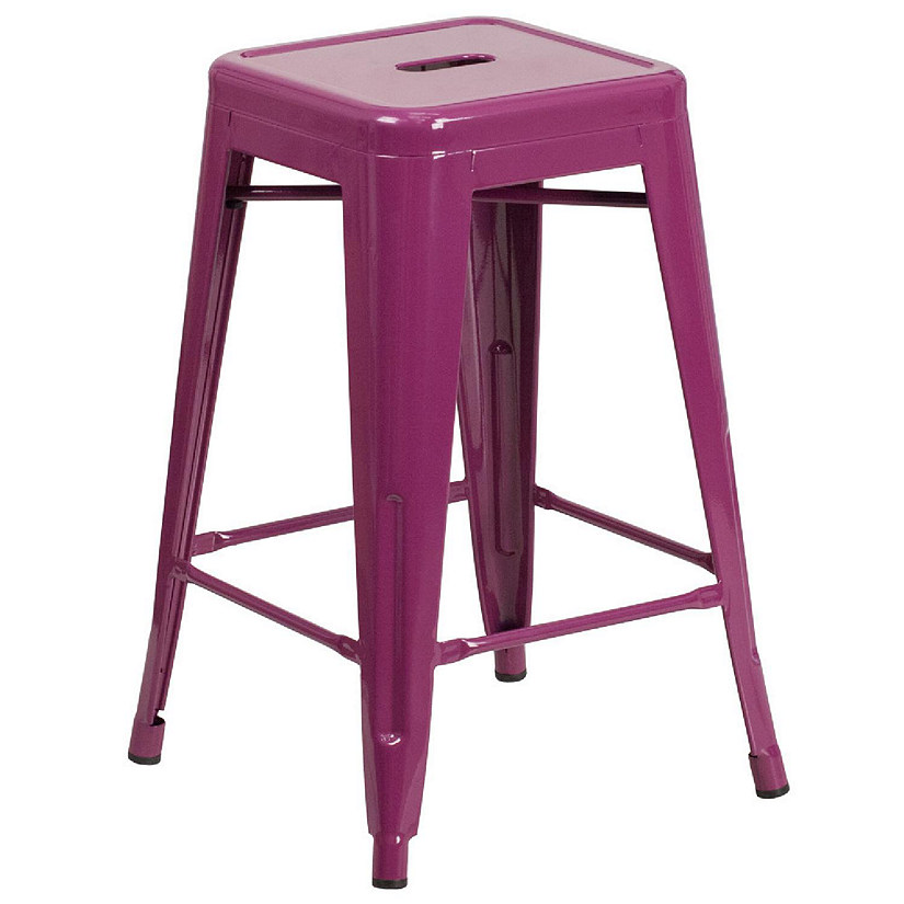 Emma + Oliver Commercial Grade 24"H Backless Purple Indoor-Outdoor Counter Height Stool Image