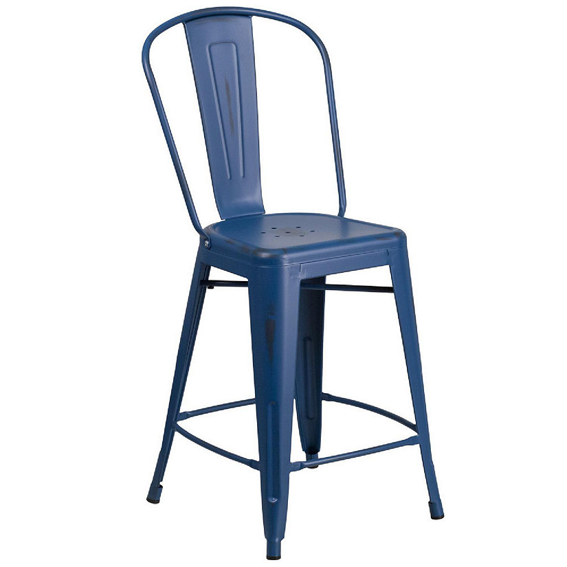 Emma + Oliver Commercial Grade 24"H Distressed Blue Metal Indoor-Outdoor Counter Stool Image