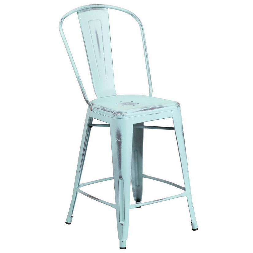 Emma + Oliver Commercial Grade 24"H Distressed Green-Blue Metal Indoor-Outdoor Counter Stool Image