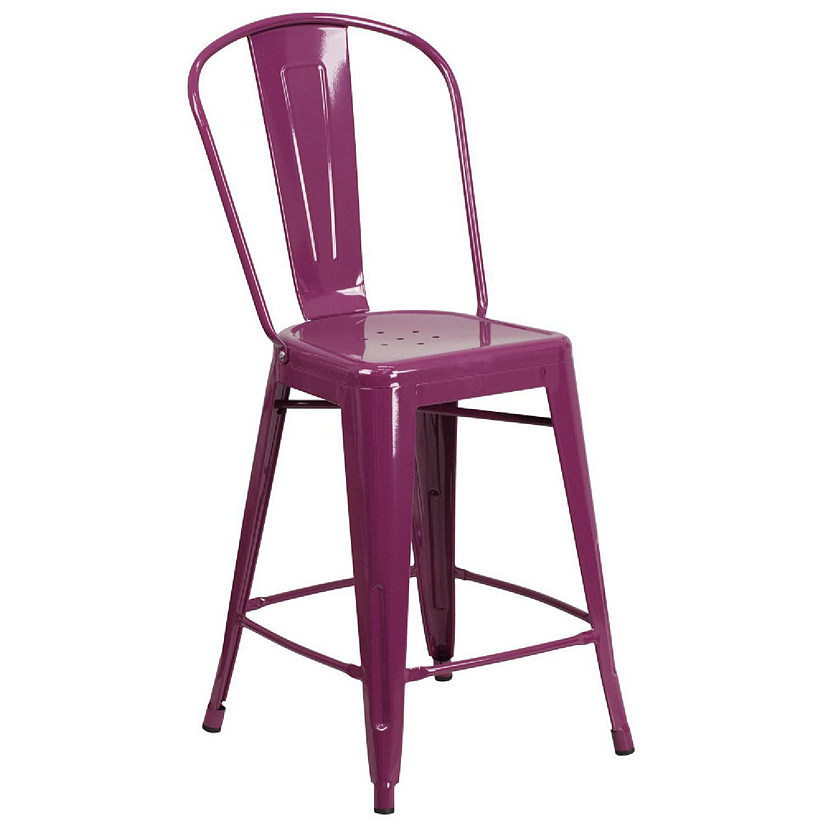 Emma + Oliver Commercial Grade 24"H Purple Metal Indoor-Outdoor Counter Height Stool with Back Image