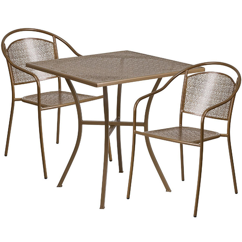 Emma + Oliver Commercial Grade 28 Square Gold Patio Table Set-2 Round Back  Chairs