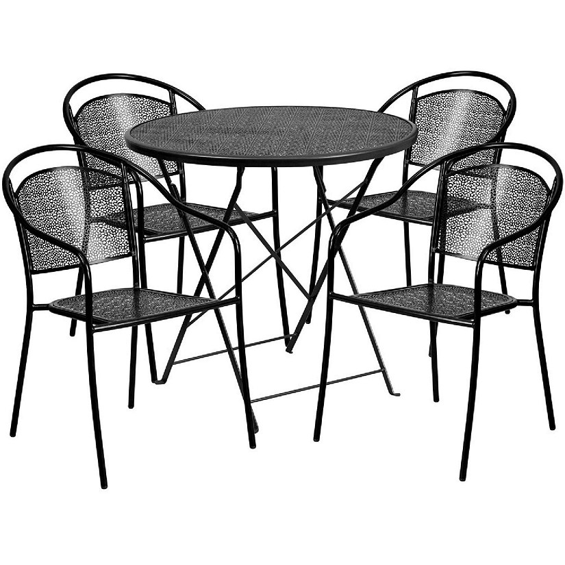 Emma + Oliver Commercial Grade 30" Round Black Folding Patio Table Set-4 Round Back Chairs Image