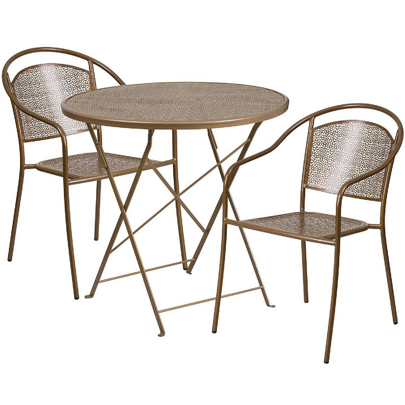 Emma + Oliver Commercial Grade 30" Round Gold Folding Patio Table Set-2 Round Back Chairs Image