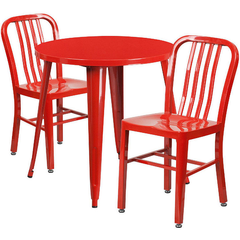 Emma + Oliver Commercial Grade 30" Round Red Metal Table Set-2 Vertical Slat Back Chairs Image