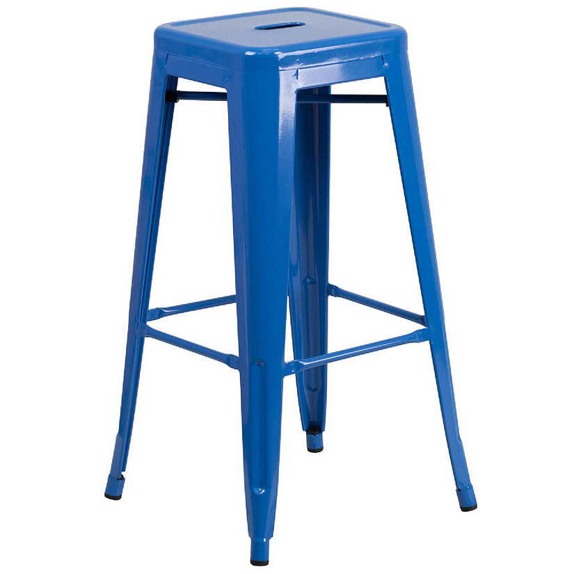 Emma + Oliver Commercial Grade 30"H Backless Blue Metal Indoor-Outdoor Barstool, Square Image