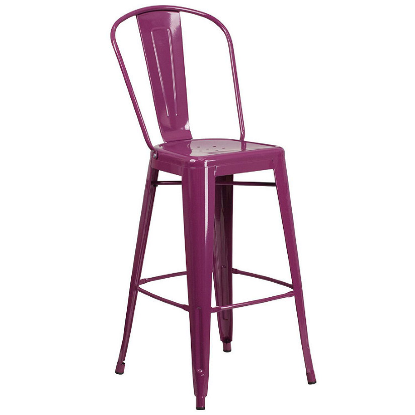 Emma + Oliver Commercial Grade 30"H Purple Metal Indoor-Outdoor Barstool with Back Image