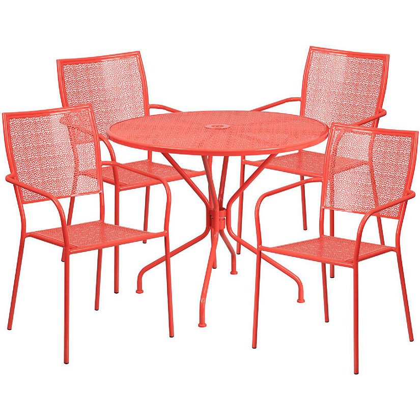 Emma + Oliver Commercial Grade 35.25" Round Coral Patio Table Set-4 Square Back Chairs Image