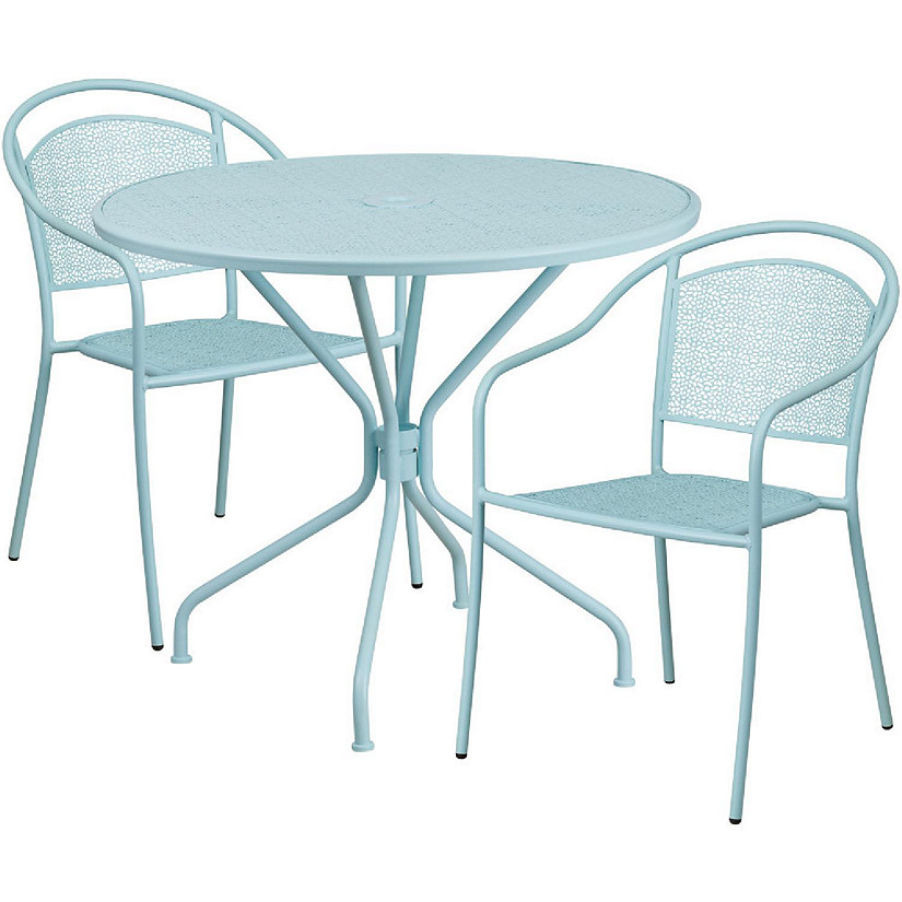 Emma + Oliver Commercial Grade 35.25" Round Sky Blue Patio Table Set-2 Round Back Chairs Image