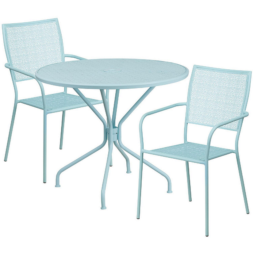 Emma + Oliver Commercial Grade 35.25" Round Sky Blue Patio Table Set2