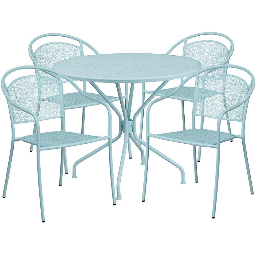 Emma + Oliver Commercial Grade 35.25" Round Sky Blue Patio Table Set-4 Round Back Chairs Image
