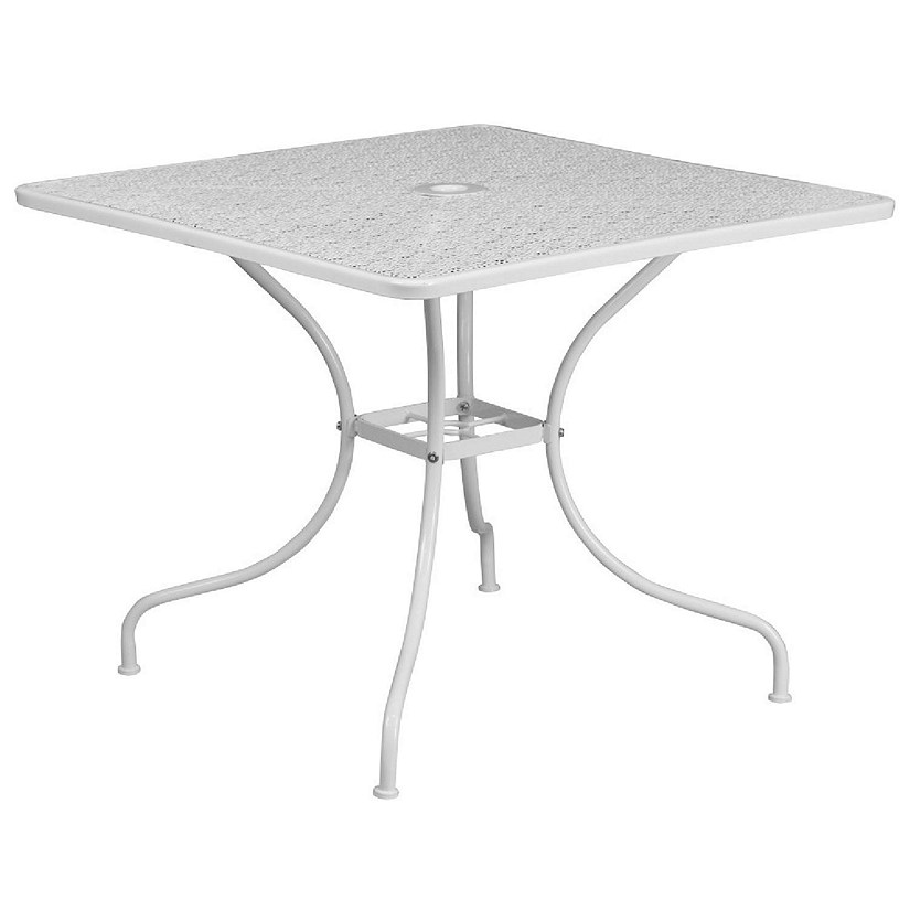 Emma + Oliver Commercial Grade 35.5" SQ White Indoor-Outdoor Steel Patio Table - Umbrella Hole Image