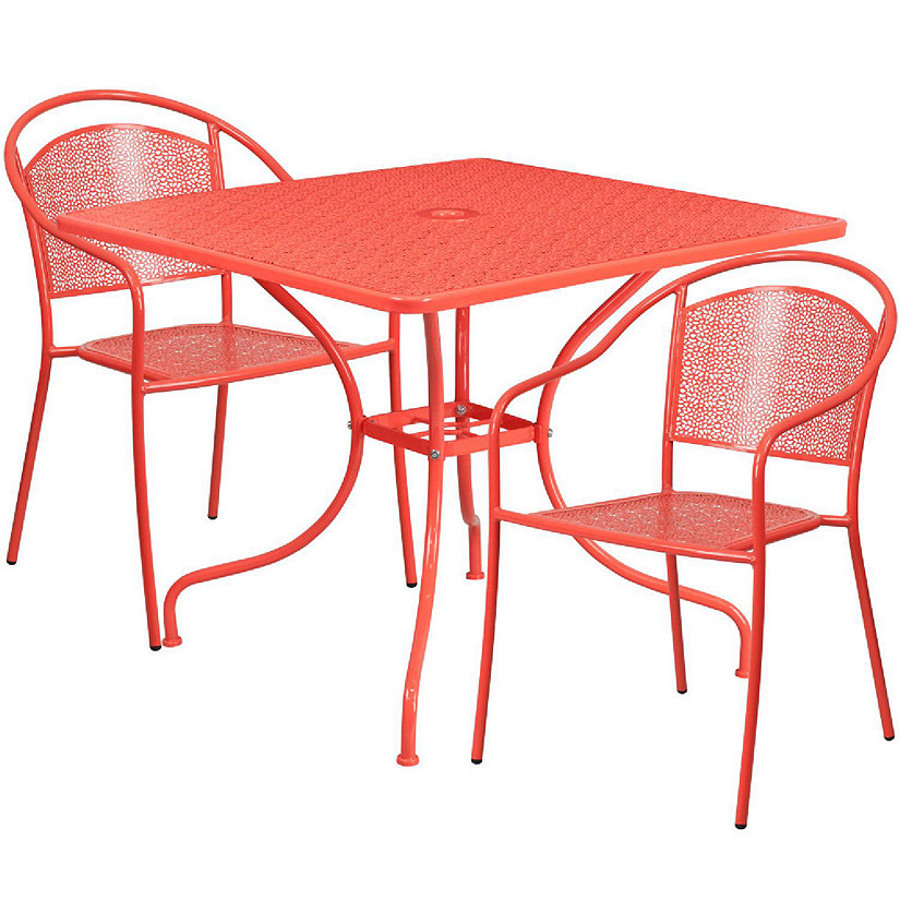 Emma + Oliver Commercial Grade 35.5" Square Coral Patio Table Set-2 Round Back Chairs Image