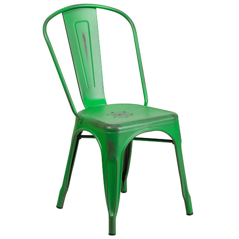 Emma + Oliver Commercial Grade Distressed Green Metal Indoor-Outdoor Stackable Chair Image