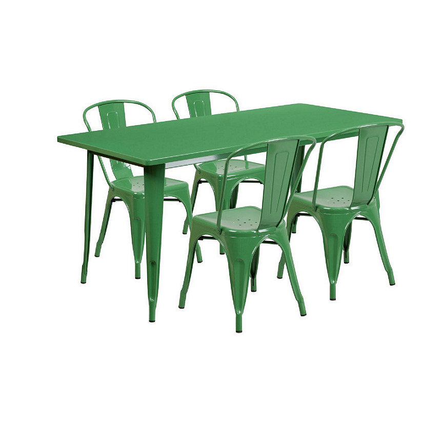Emma + Oliver Commercial Grade Rectangular Green Metal Indoor-Outdoor Table Set-4 Stack Chairs Image